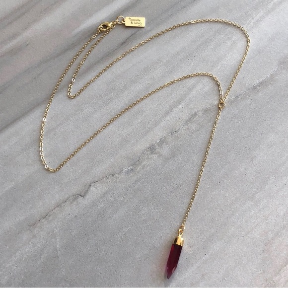 Oxblood Spike Gold Necklace with Lariat Chain - Picture 2 of 3